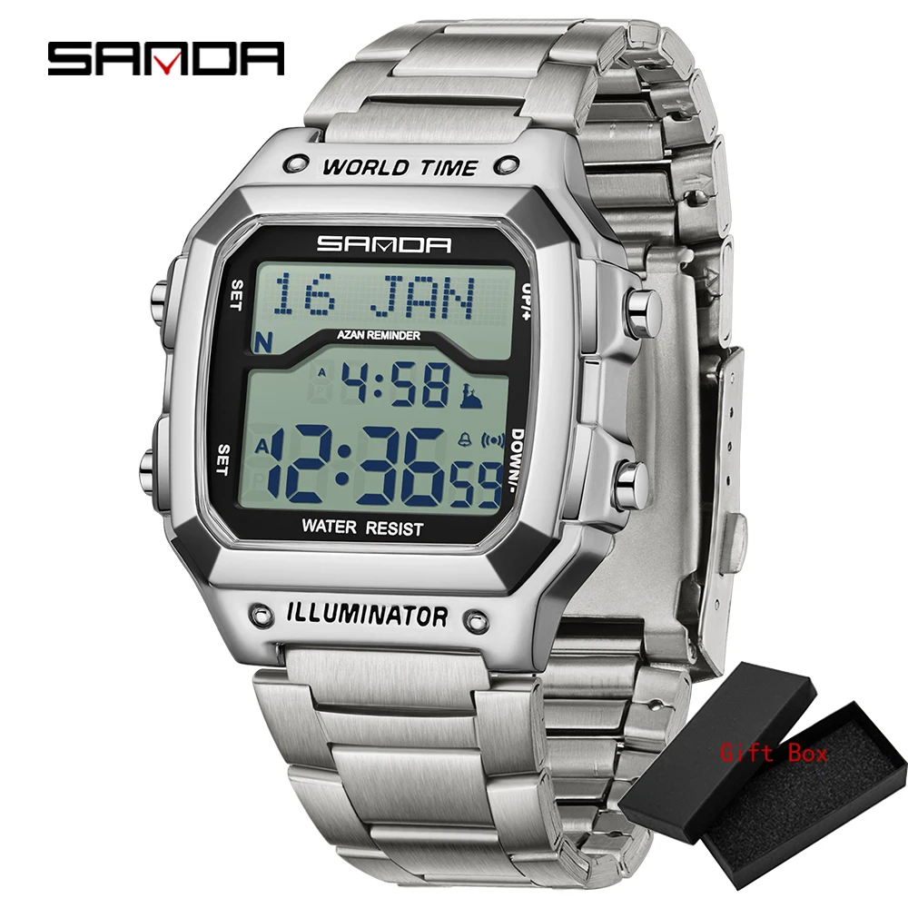 Fashion Sanda 2172 2173 Men's Digital Watch Waterproof MultiFunctional Full Stainelss Steel Golden LED Display Stylish & Durable