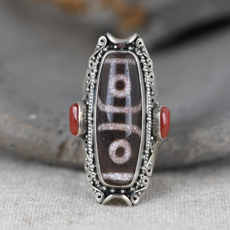 S925 Silver Vintage Dzi Bead Ring, Ethnic Tibetan Style Unisex Band, Natural Stone Statement Jewelry Gift for Men & Women