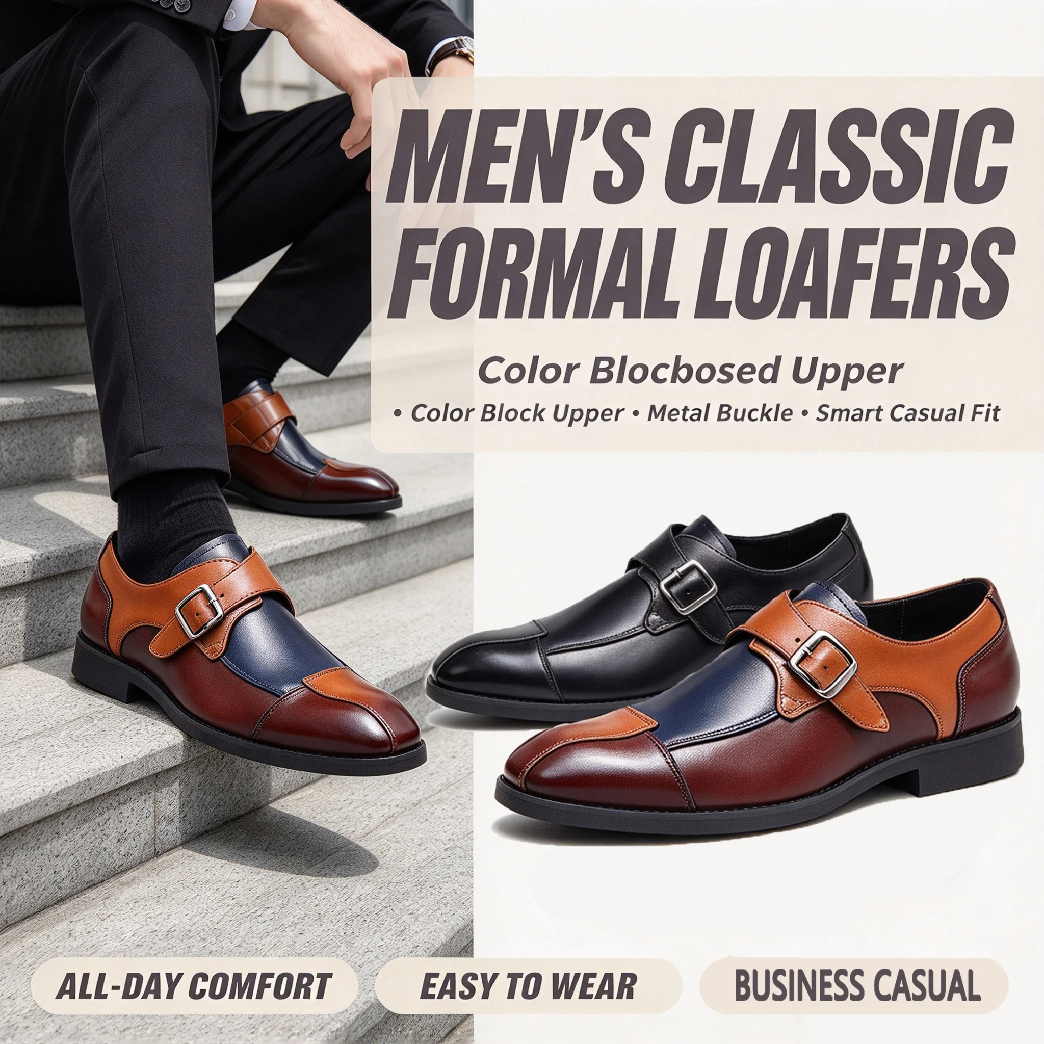 Men's British Style Business Casual Shoes, Buckle Retro Spliced Design Dress Shoes, Trendy Korean Versatile Men Footwear