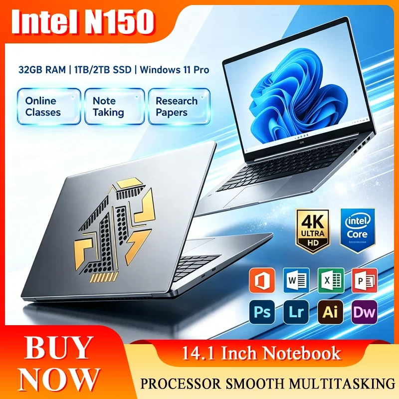 New 14.1'' Laptop Intel Core N150 32GB 2TB Gaming PC Ultra Slim Office Study Computer PC Windows 11 Pro 1920*1080 HD