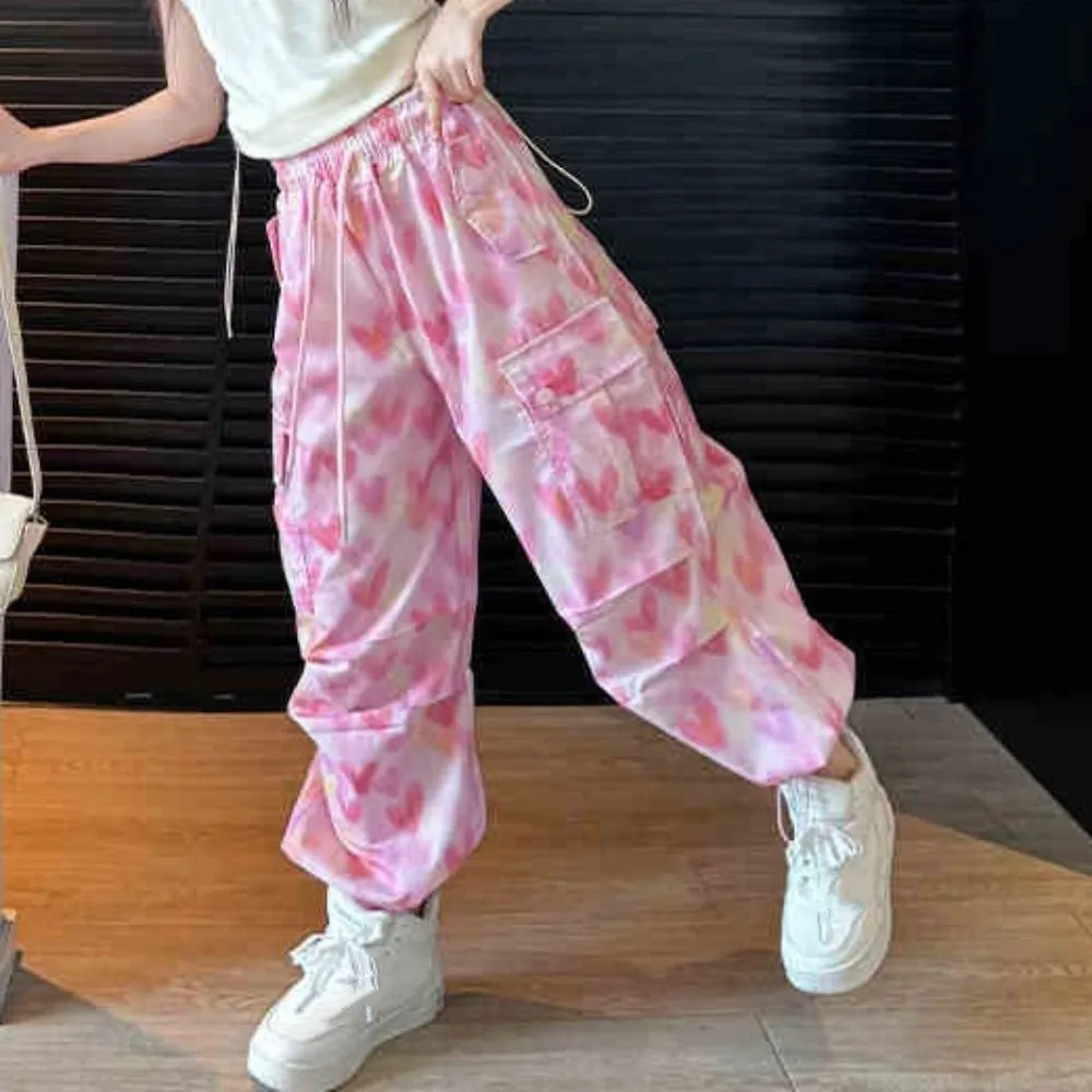 Multi Pockets Baggy Cargo Pants Joggers Drawstring Y2k Wide Leg Pants Trousers High Waist Heart Printing Pants Girl Dancing