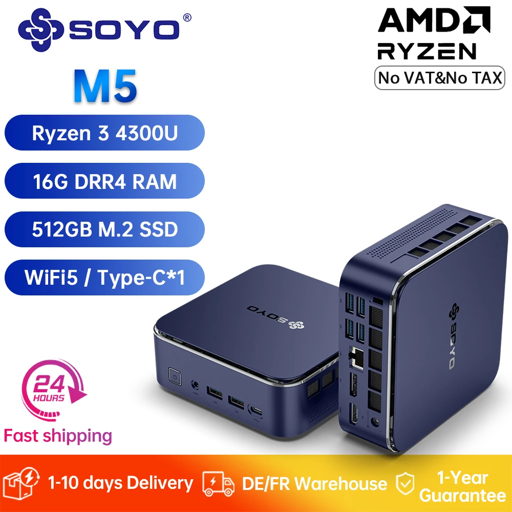 Mini PC SOYO M5 con Windows 11 Pro, CPU AMD Ryzen 3 4300U, 16GB de RAM DDR4, SSD de 512GB, Pantalla Dual 4K, DP, Tipo-C, Mini Computadora de Escritorio
