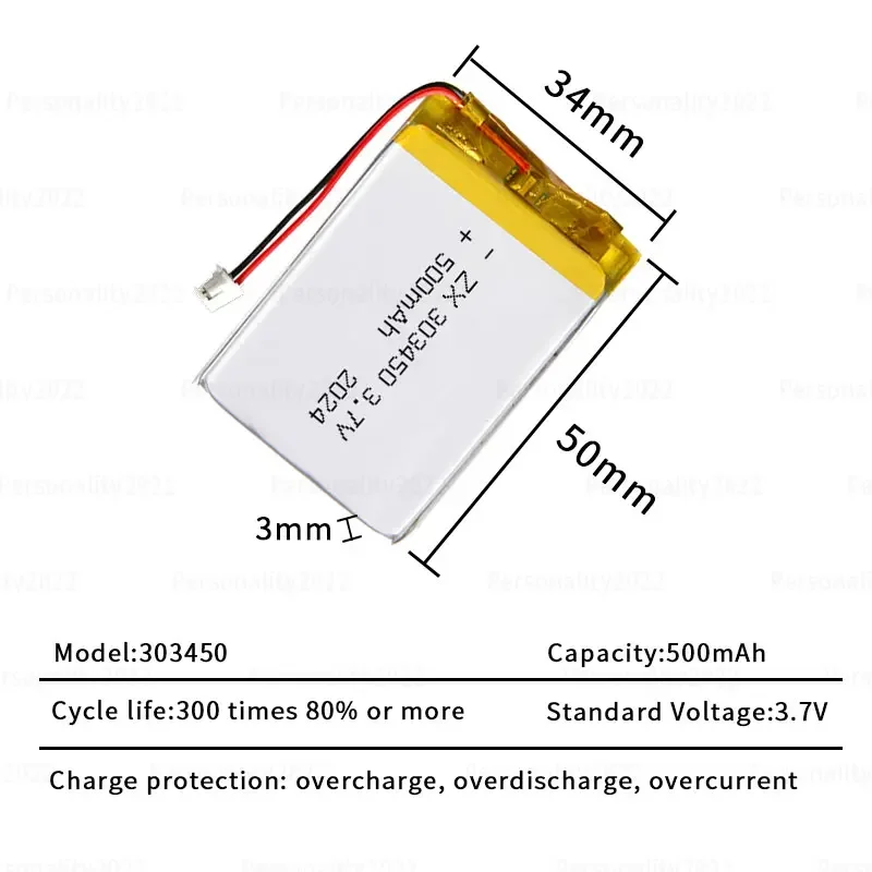 303450 Battery 500mAh Polymer Lithium Ion Batteries  3.7V 033450 LiPo for DVD Drive Recorder GPD Monitor Rechargeable Li Po Cell