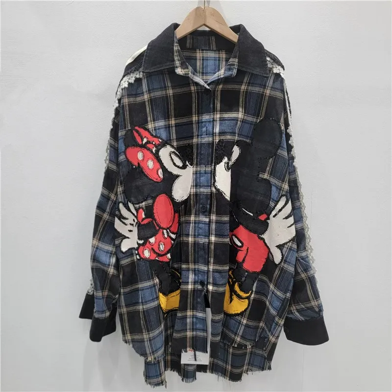 2025 Autumn New Fashion Cartoon Versatile Casual Loose Oversized Long Sleeve Shirt Women's Top Trendy Plaid Shirts for Women