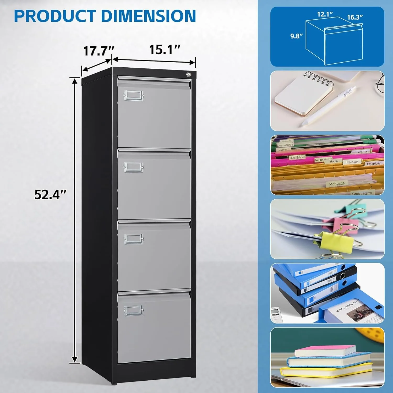 4 Drawer File Cabinet with Lock Metal Vertical Filing Cabinet Office Home Lateral File Cabinet,Assembly Required