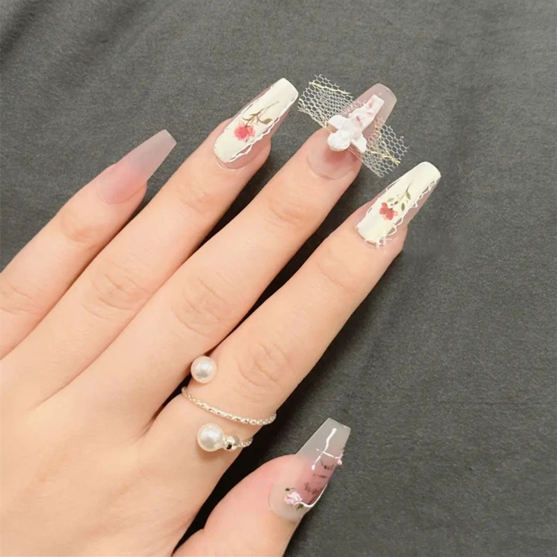 Oil Painting Handmade Press on Nails Gypsum Angel False Nails Gradient Nail Art Full Cover Fake Nails Dreamy Fingernail Tips Set