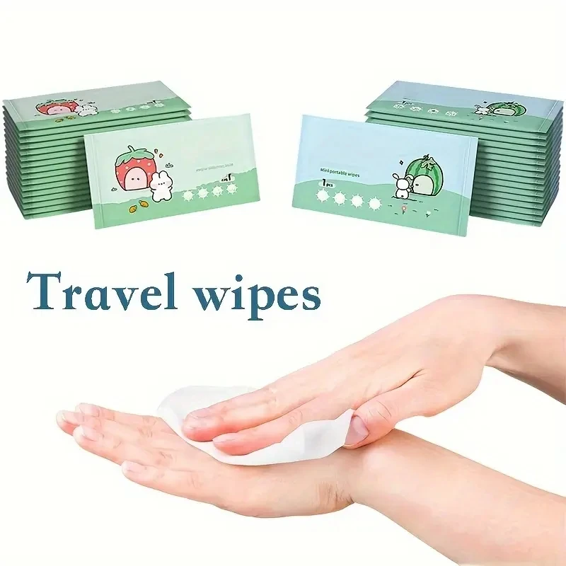 100/200 portable travel wet wipes - made of non-woven fabric, essential for camping and outdoor hygiene, featuring cartoon designs and a tissue box, suitable for hiking, picnics, and travel, with fun packaging and secure sealing