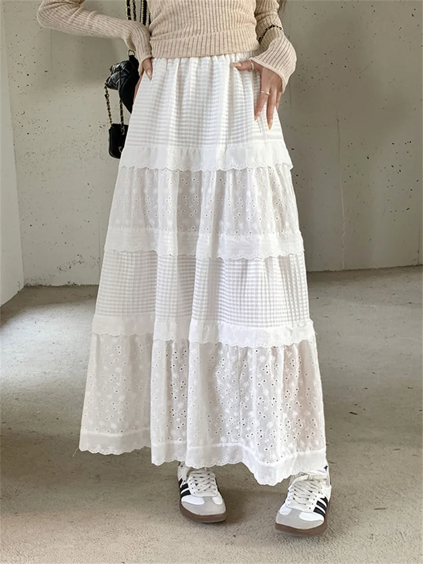 

PLAMTEE White Hollow Out Maxi Skirts Women Sweet Gentle High Waist Spring Daily New All Match Sweet Mujer Streetwear Loose