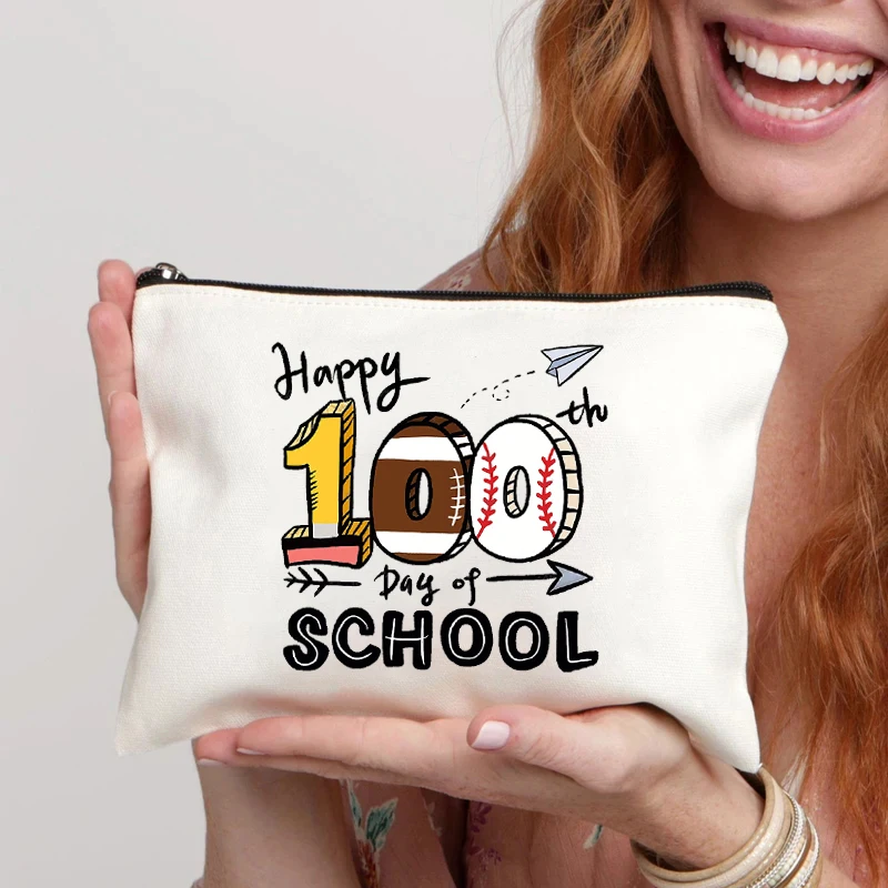 100 Day of School Teacher Printed Travel Zipper Canvas Storage Pouch Lipstick Perfume Cosmetic Bag Office Supplies Pencil Case