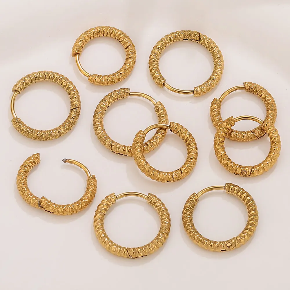 6pcs Stainless Steel Round Embossing Earrings Gold Plated Daily Wear Hoop Earrings for Women Metal Luxury Wholesale Accessories