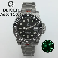 BLIGER 40mm GMT Watch For Men Black-gray Ceramic bezel Sapphire Glass Green GMT Text Green GMT Hand NH34 GMT Mechanical Watch