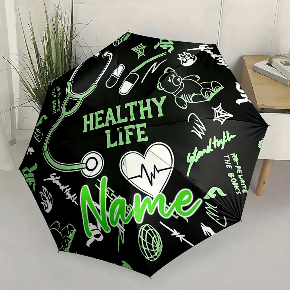 Custom Name Umbrella Design with Health Symbols and Writings Print 8 Iron Ribs Folding Umbrella Auto-Open Fashion Sunshade