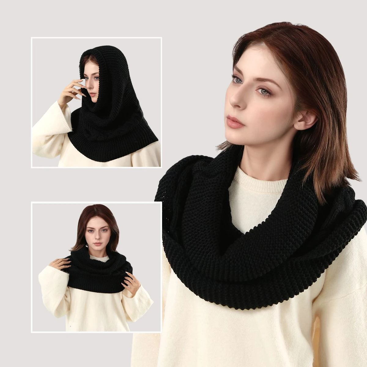 Versatile Hooded Knitted Scarf Winter Cap Neck Warmer Cowl Circle Collar Scarves Solid Color Dual Use Shawl Scarf Outwear Decor