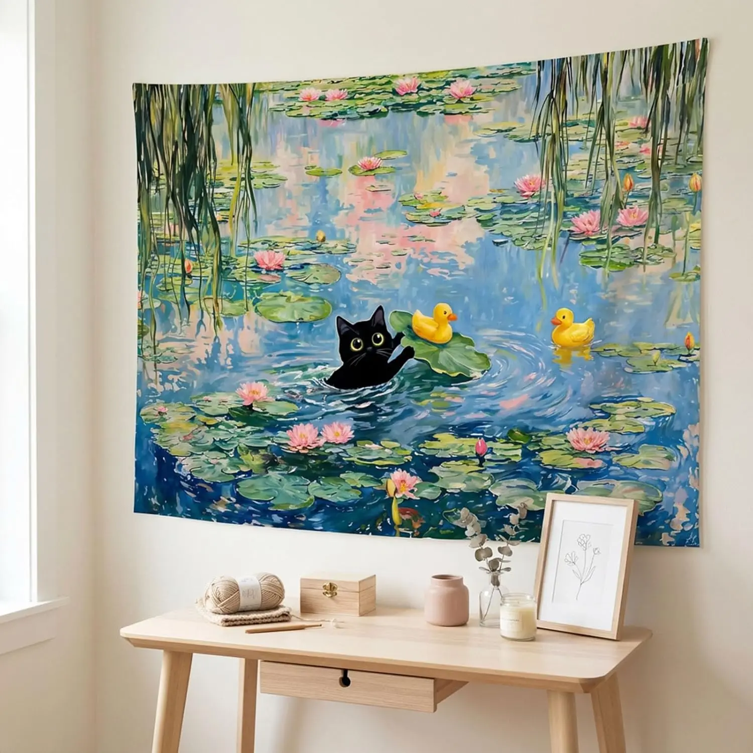 Black Cat Water Lily Pond Tapestries Impressionist Oil Painting Tapestries Cute Animal Art Wall Tapestry Bedroom Dormitory