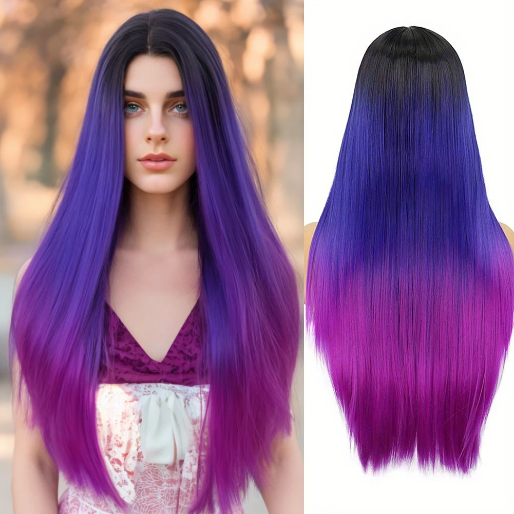 

24 Inch Ombre Purple Wig Long Straight Wigs for Women Heat Resistant Natural Look Synthetic Wig for Girl Daily Party Use Cosplay