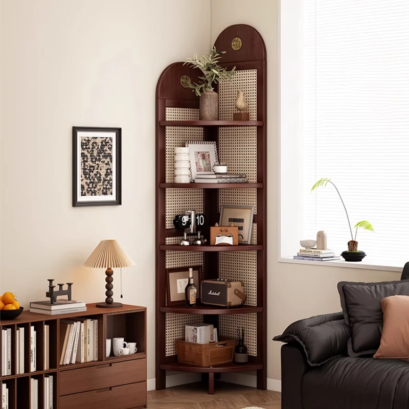 Retro Rattan Woven Decorative Shelf L-shaped Design Solid Wood Corner Cabinet for Living Room, Study, Bedroom