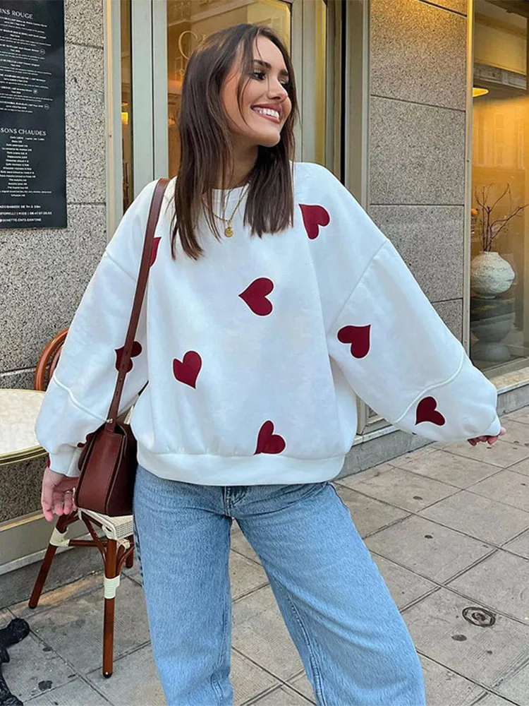 Fashion Love Printed Loose Sweatshirt Elegant Round Neck Long Lantern Sleeve Simple Pullover Women\'s Autumn Warm Casual Sweater