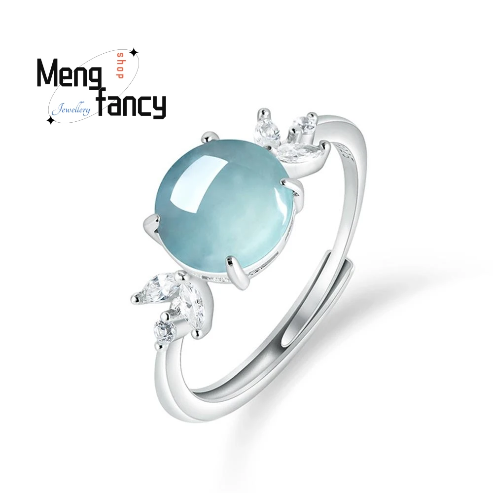 

Natural A-goods Beautifui Jadeite Blue Water Egg Surface Ring Ice Jade S925 Silver Inlaid Adjustable High-grade Fashion Jewelry