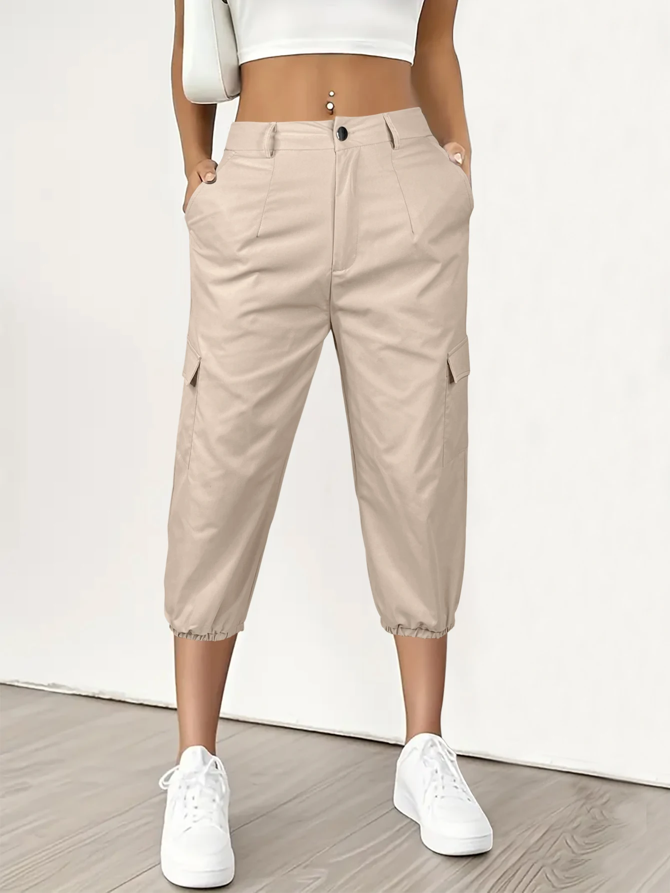 Casual Pleated Elastic Cuff 3/4 Overalls For Women High Waist Button Placket Flap Pockets Suitable For Everyday Street Wear