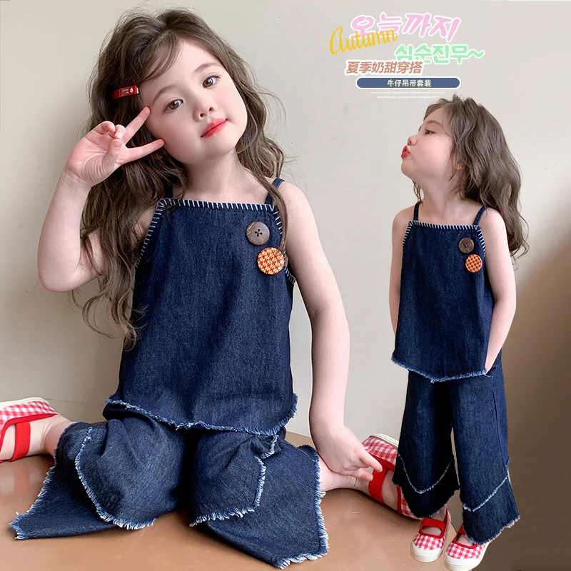 

Baby Girls Sets Fashion Deep Blue Softy Sleeveless Denim Vest and Pants Cotton Shirt Spring Summer New Style Kids 2 Piece Sets