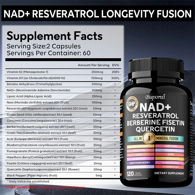 NAD+ Resveratrol Berberine - Contains Liposomal NAD+, Trans-resveratrol, Supports Healthy Aging, Cellular Health & Endurance