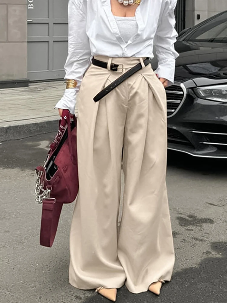 Casual Khaki Pleated Wide Legs Pants Women Chic High Waist Baggy Trousers Female 2025 Spring Summer New Fashion Office Pant