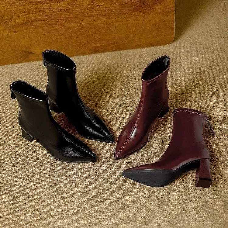 2026 New Women's Trendy Back Zipper Design High Heel Ankle Boots Spring and Autumn Solid Color Pointed Retro Short Boots