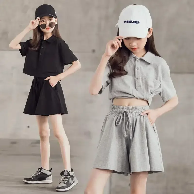 Conjunto de shorts e uniforme de manga curta feminino, roupa infantil, roupas de treino de bebê, estilo universitário, roupas de verão, 12 anos, 13 anos, 2 peças, 2024