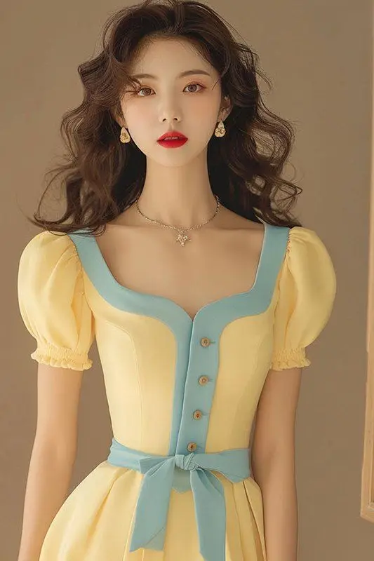 

Sweet French High-end Square Collar Puff Sleeves Dresses Women's Summer Contrast Color Lace-up Waist Slimming Temperament Dress