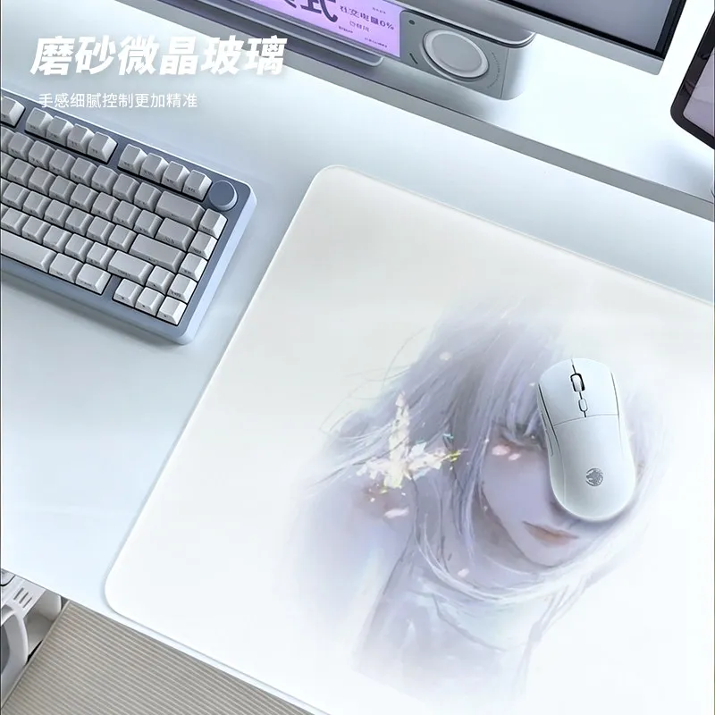 Y2K Anime White Angel Girl Glass Mouse Pad Smooth Frosted Surface Desk Mat Tempered Upgrade FPS Office Custom Gaming Accessories