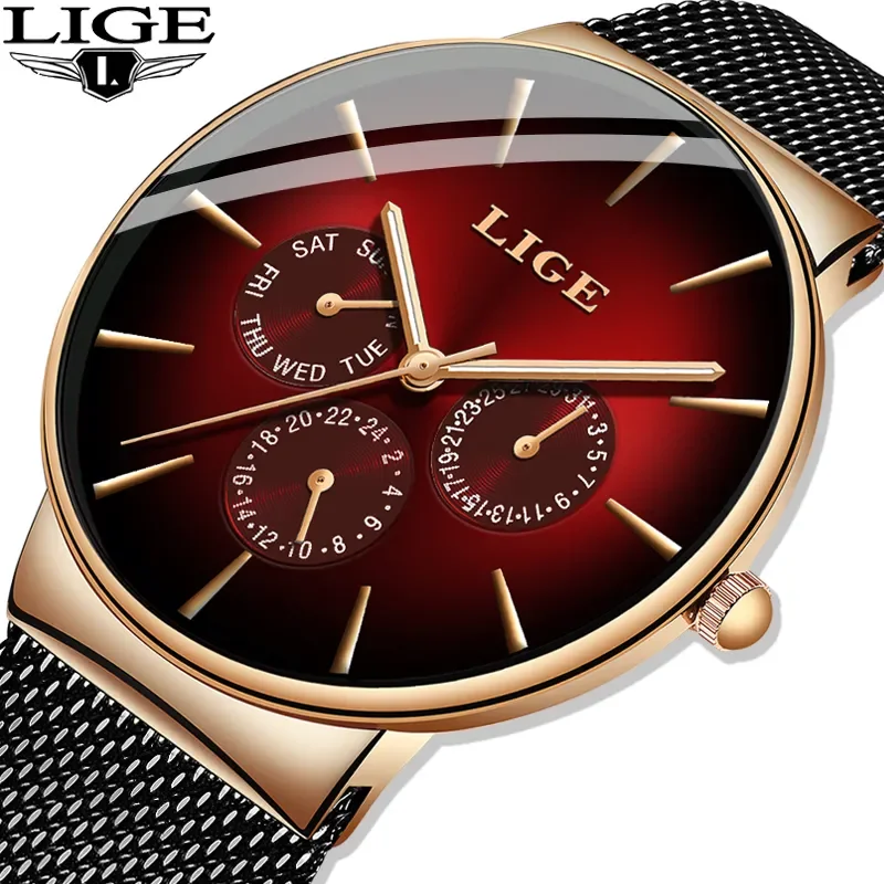 LIGE Fashion Luxury Woman Watch Elegant Casual Sport Mesh Belt Quartz Watches for Women Simple Date Week Waterproof Wristwatches