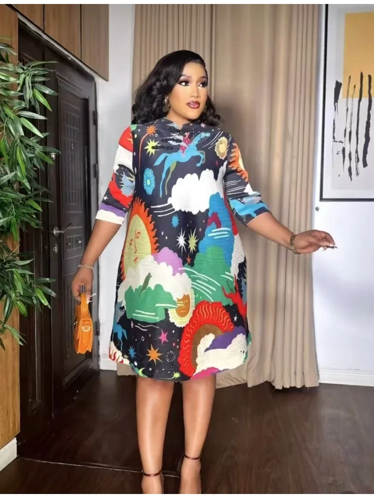 

2024 Spring Clothing New Miyake Folds Fashion Striped Chinese Style Dress Temperament Loose Women's Dress