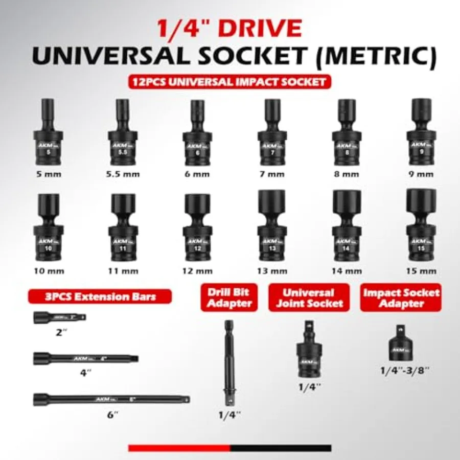 1/4" Drive Universal Impact Socket Set, 18 Piece Swivel Socket Set, Universal Joint Wobble Socket 6-Point, Metric, 5-15mm, Cr-M view 2