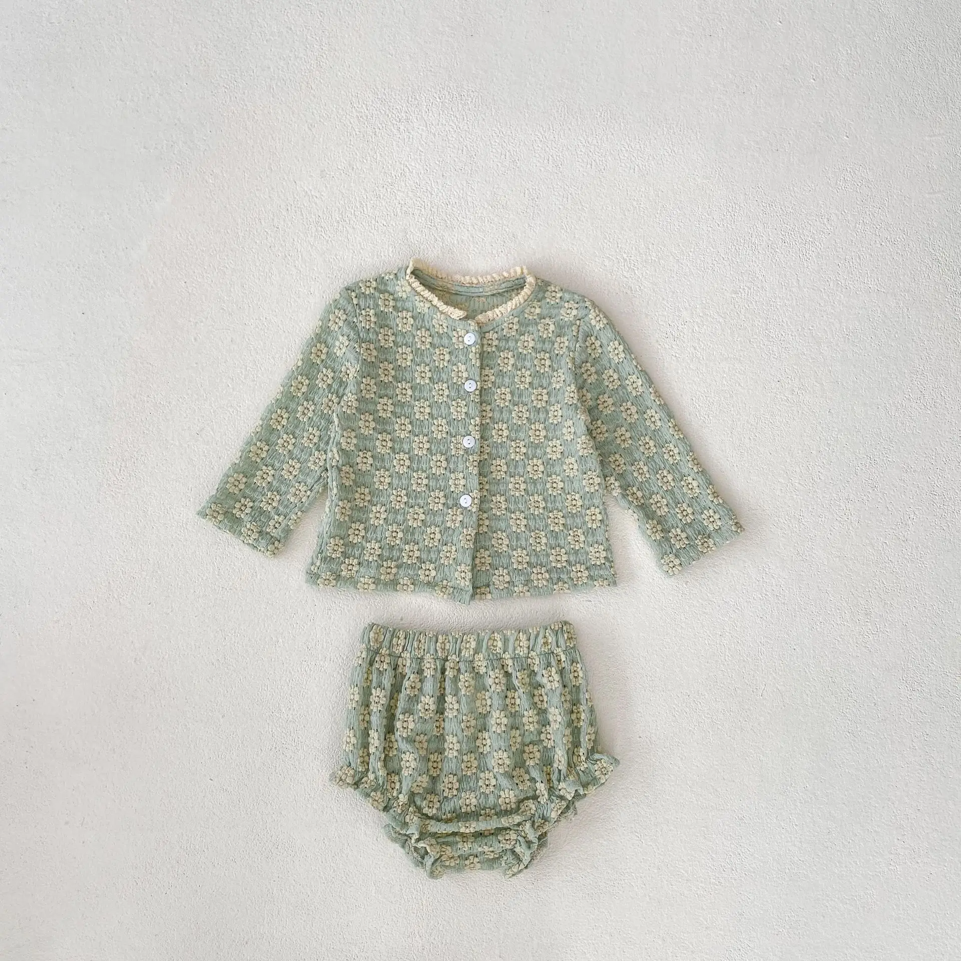 2024 Autumn Baby Girl Soft Set Flower Jacquard Knitted Long Sleeve Top + Pants