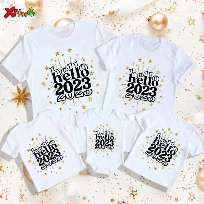 Family Shirts Happy New Year Hello 2025 Matching Outfits Hello Party Shirt Clothing Toddler Baby Clothes Couple Matching Outfit