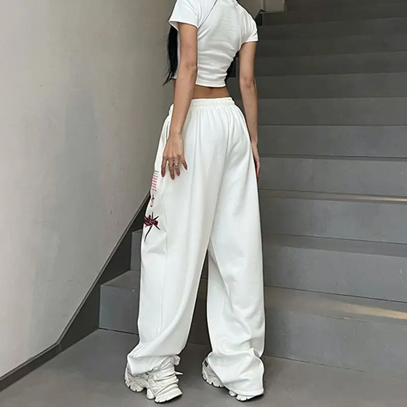 Autumn New Print Drawstring Tied Athletic Casual Pants Women's Elastic High Waist Solid Pockets Loose Hip Hop Straight Trousers