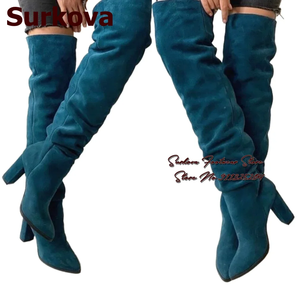 Surkova Dark Turquoise Blue Suede Chunky Heel Long Boots Women Over-the-knee Slouch Dress Shoes Folded Thigh High Boots Size46