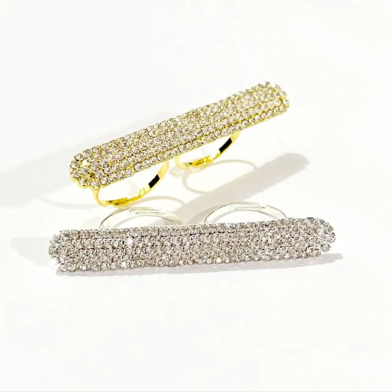 Exaggerate Rhinestone Large Double Finger Ring for Women Personalized Geometric Ring Open Wedding Party Jewelry view 3