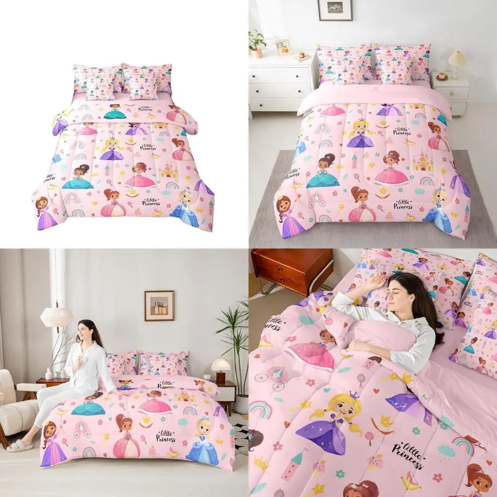 

Full-Size Magical Princess Comforter Set for Girls, Pink Castle Bedding with Rainbow Sheets