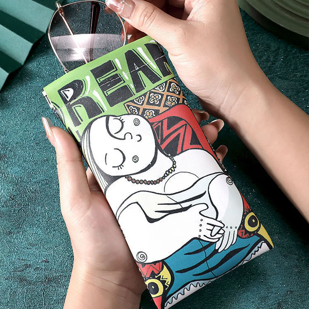 Cartoon Sunglasses Case PU Leather Artistic Graffiti Eyewear Pouch Shockproof Glasses Storage Bag For Women Men Travel