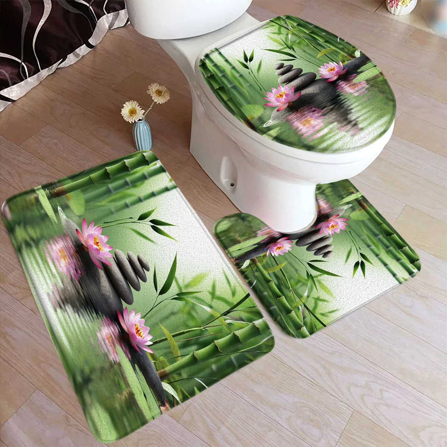 Zen Green Bamboo Bath Mat Set Pink Lotus Leaves Plant Spa Landscape Home Carpet Bathroom Decorative Floor Rugs Toilet Lid Cover