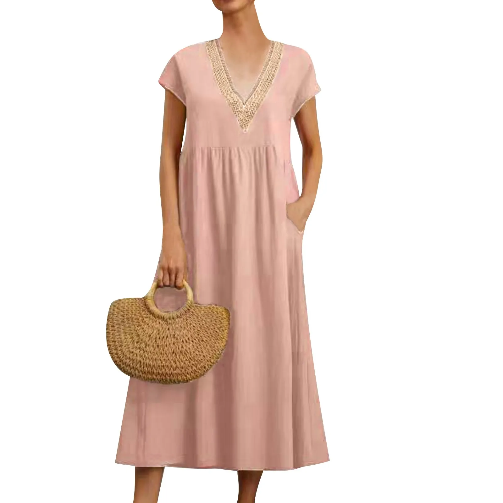 Vestido solto de linho e algodão feminino com bolsos, vestido sólido, emenda de renda, decote em v, manga curta, casual diário, tudo combina