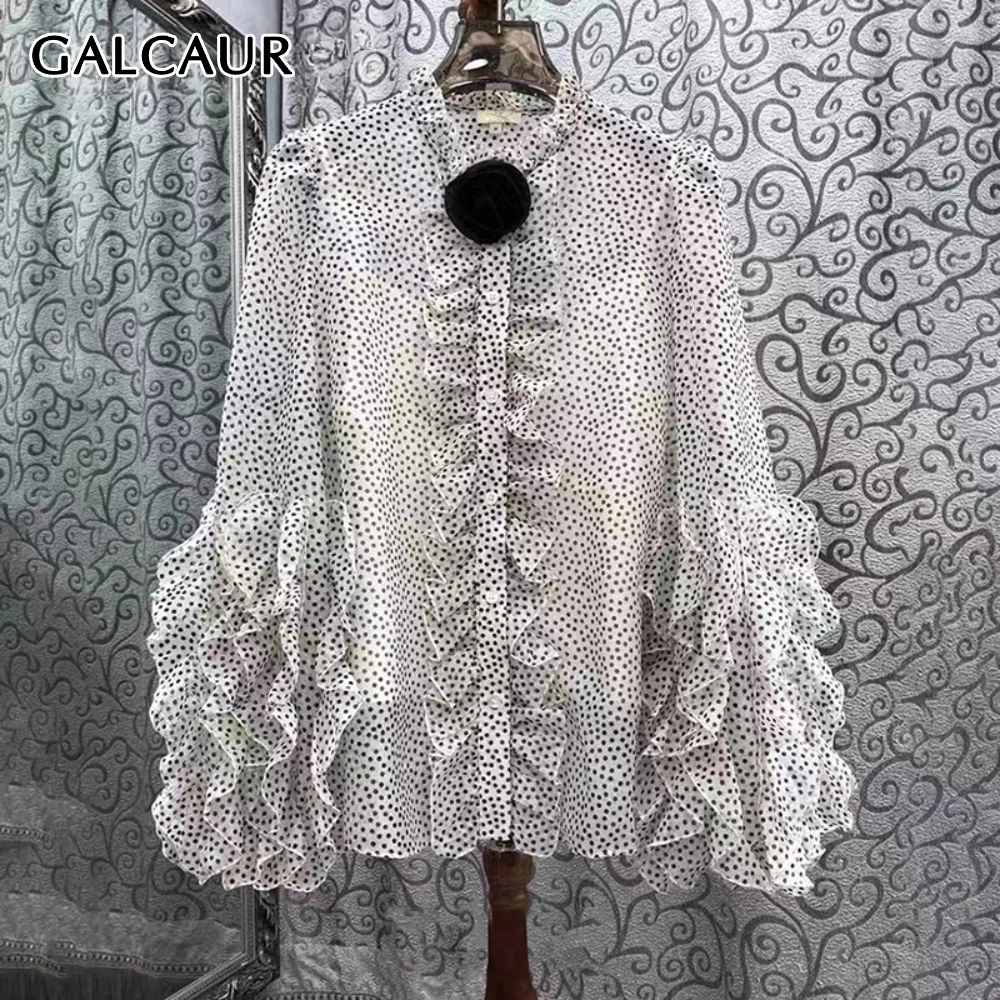 

GALCAUR Solid Spliced Dot Printing Basics Shirt Female V Neck Long Sleeve Loose Casual Women's Shirt Summer Fashion Style New