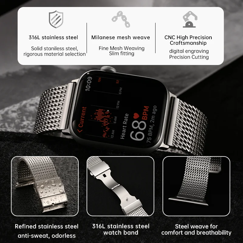 Compatible with Apple Watch Band Series 9, Ultra 2, SE 8 7 6 5 4, Stainless Steel Mesh Watch Bracelet for iWatch Bands 49/45/44