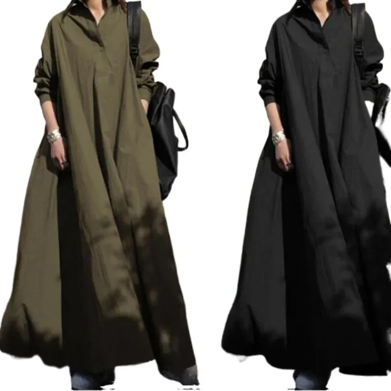 

Spring and Autumn Loose Sleeves Large Swing Skirt Solid Color Cotton and Hemp Dress