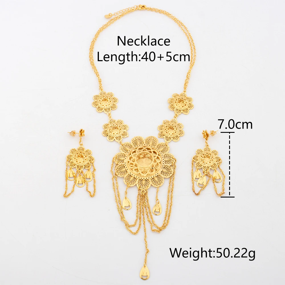 African Luxury Gold Color Jewelry Set for Women Bohemian Classic Tassel Design Earrings Pendant Set Copper Gold Plated Jewelry