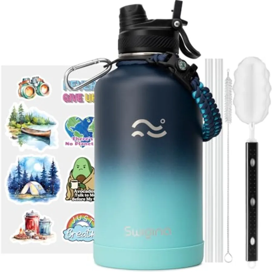 

2-IN-1 LID] Insulated Water Bottle with Silicone Boot 48hrs Cold/hrs Hot - DIY Stickers, Leakproof, BPA Free, Half Gallon