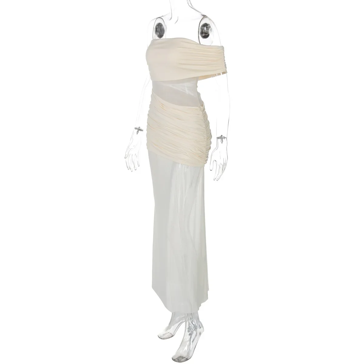 Sexy een schouder pure mesh patchwork ruches bodycon maxi feestjurk dames effen backless slanke zomervakantie strand lang gewaad