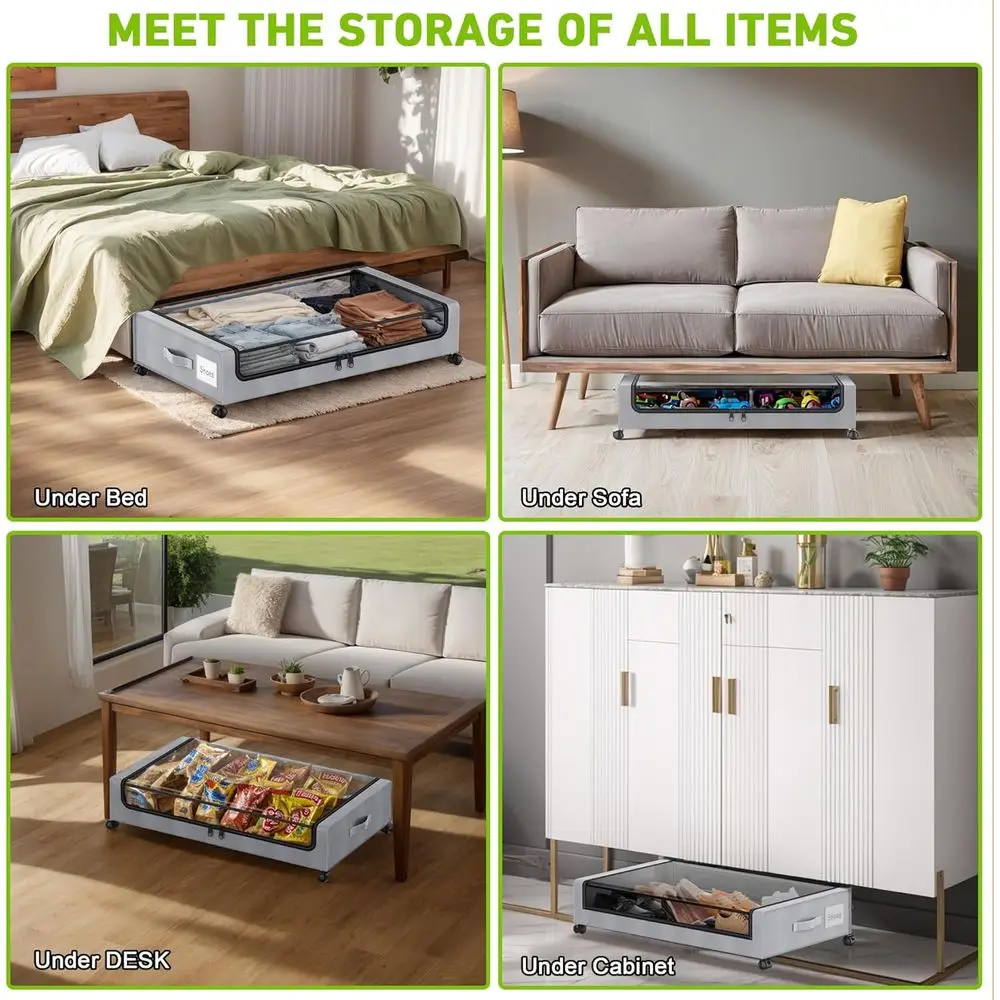 Graue XXL 60L rollende Metall-Aufbewahrungsschubladen unter dem Bett, 4er-Pack transparente Deckelbehälter für Kleidung, Schuhe, Spielzeug, Bücher