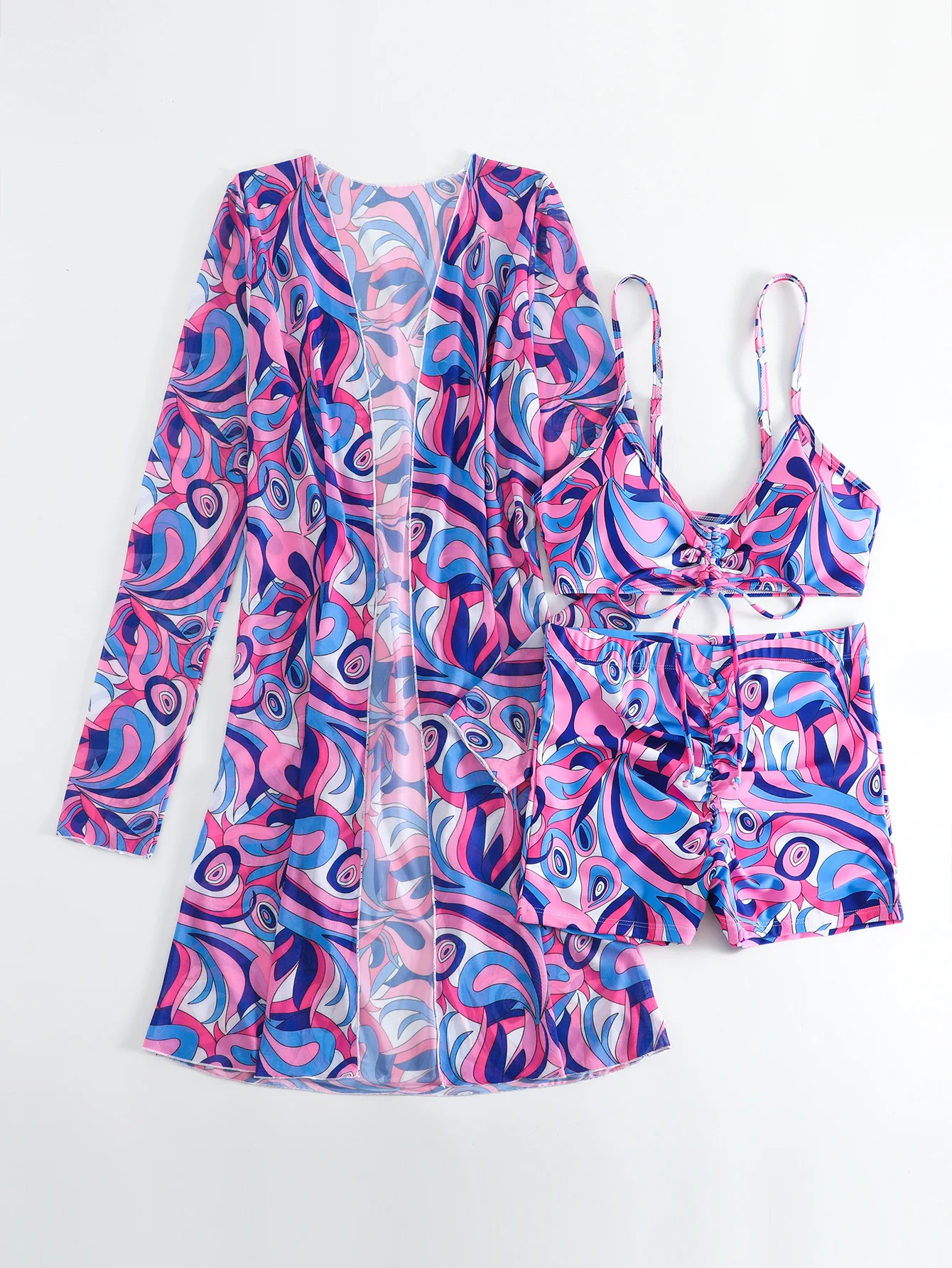 

Сексуальный купальник из трех предметов на шнурке с сетчатым длинным рукавом, бикини с эффектом пуш-ап, купальный костюм с высокой талией, женская пляжная одежда